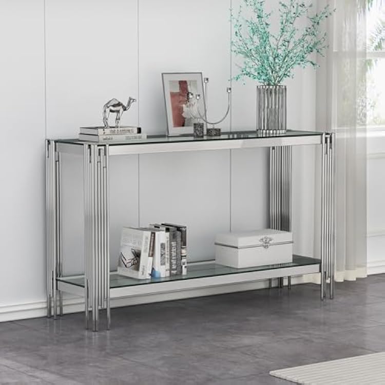 55 Black Gold Console Table with Stainless Steel Frame,Luxury Tempered Glass Entryway Table Sofa Table Narrow Long, Modern 2-Tier Console Table Accent Table with Storage Shelves for Living Room