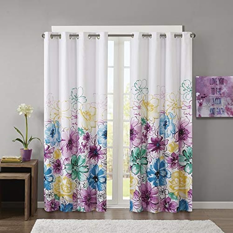 Intelligent Design Olivia Total Blackout Bedroom, Casual Darkening Window Living Room, Floral Print Grommet Black Out Single Curtain, 1-Panel Pack, 84, Blue