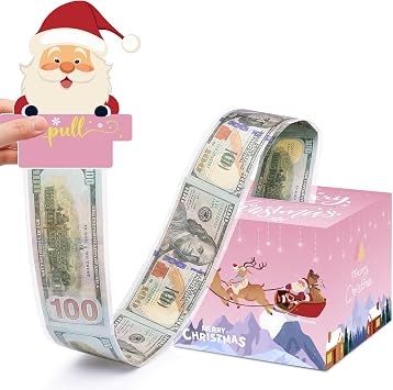 Christmas Party Gifts, Christmas Money Box for Cash Gift Pull, Surprise Money Holders with 50Pcs Transparent Bags, DIY Fun Cash Box for Women Men Girls Boys Kids Adults Mom Dad